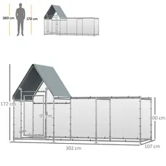 PawHut Walk In Chicken Run Chicken Coop, Large Poultry Cage Hen House for 6-8 Chickens Outdoor w/ Water-Resist Cover 302 x 107 x 172cm - 3