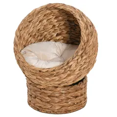 PawHut Wicker Cat Bed, Raised Rattan Cat Basket with Cylindrical Base, Soft Washable Cushion, 40 x 37 x 51 cm - Brown - 1