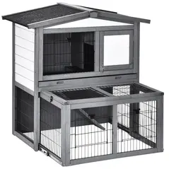 PawHut Rabbits 2-Tier Fur Wood Outdoor Hutch Guinea Pigs Hutches Grey - 2