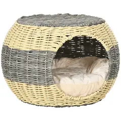 PawHut Wicker Cat House, Rattan Raised Cat Bed, Cosy Kitten Cave with Soft Washable Cushion, Φ40 x 30cm - 1