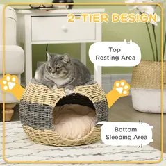 PawHut Wicker Cat House, Rattan Raised Cat Bed, Cosy Kitten Cave with Soft Washable Cushion, Φ40 x 30cm - 5