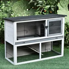 PawHut Small Animal Two-Level Fir Wood Guinea Pigs Hutches Bunny Cage w/ Slide Out Tray Grey - 1