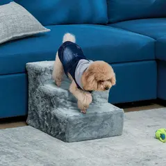 PawHut Three-Step Dog Stairs, with Washable Plush Cover, for High Bed Sofa, Dog Stairs for Small Dog and Cat - Light Grey - 2