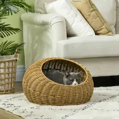 PawHut Wicker Cat House with Washable Cushion for Indoor Cats, Light Brown - 2