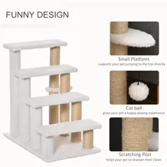 PawHut Pet Stair with 4-step Climb Ladder, Scratching Posts, Platforms, Toy Ball, for Indoor Elderly Cats Kittens, White - 5