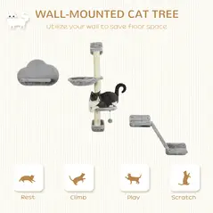 PawHut Three-Piece Wall-Mounted Cat Shelves, with Hammock, Ladder, Platforms, Scratching Post - Grey - 4