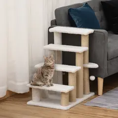 PawHut Pet Stair with 4-step Climb Ladder, Scratching Posts, Platforms, Toy Ball, for Indoor Elderly Cats Kittens, White - 2
