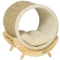 PawHut Raised Cat House, with Scratcher - Beige - 1