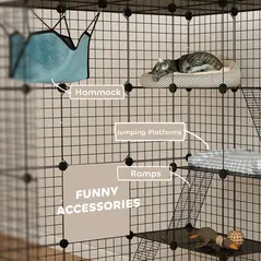 PawHut Steel Wire Cat Cage Indoor with Hammock, Ramps, Doors, DIY Cat Enclosure for 1-3 Cats, Black - 7