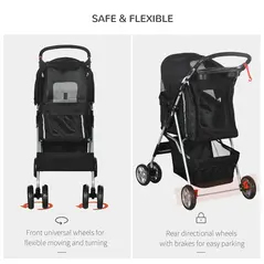 PawHut Pet Travel Stroller with Rain Cover, 4 Wheels Foldable Travel Carriage with Wheels Zipper Entry Cup Holder Storage Basket Black - 6
