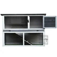 PawHut Small Animal Two-Level Fir Wood Guinea Pigs Hutches Bunny Cage w/ Slide Out Tray Grey - 9