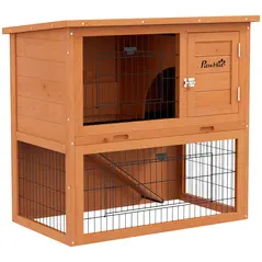 PawHut Two-Tier Antiseptic Wood Rabbit Hutch, 80cm Guinea Pig Hutch with Run - Orange - 1