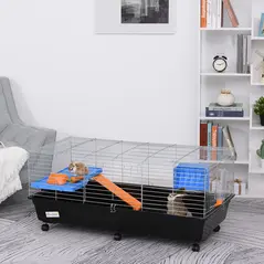 PawHut Steel Medium 2-Tier Small Guinea Pigs Hutches w/ Accessories Blue/Orange - 2