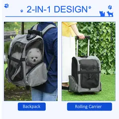 PawHut Pet Travel Backpack Bag Cat Puppy Dog Carrier w/ Trolley and Telescopic Handle Portable Stroller Wheel Luggage Bag (Grey) - 4
