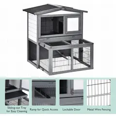 PawHut Rabbits 2-Tier Fur Wood Outdoor Hutch Guinea Pigs Hutches Grey - 6