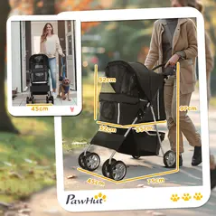 PawHut Pet Stroller for Small Miniature Dogs Cats Foldable Travel Carriage with Wheels Zipper Entry Cup Holder Storage Basket Black - 3
