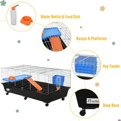 PawHut Steel Medium 2-Tier Small Guinea Pigs Hutches w/ Accessories Blue/Orange - 6