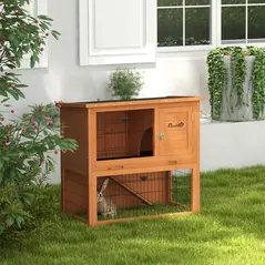 PawHut Two-Tier Antiseptic Wood Rabbit Hutch, 80cm Guinea Pig Hutch with Run - Orange - 2