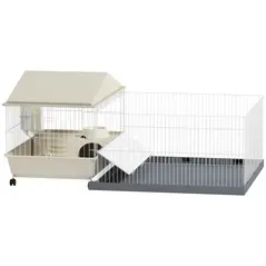 PawHut Small Animal Cage with Removable Pet Playpen, Guinea Pig Cage with Waterproof Pad, Hay Feeder, 108 x 71 x 57cm, Beige - 1