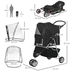 PawHut Pet Travel Stroller with Rain Cover, 3 Wheels Foldable Cat Dog Pushchair with Storage Basket and Cupholder for Small Miniature Dogs(Black) - 3