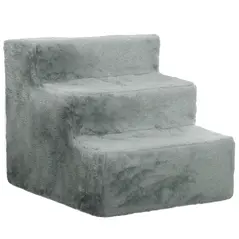 PawHut Three-Step Dog Stairs, with Washable Plush Cover, for High Bed Sofa, Dog Stairs for Small Dog and Cat - Light Grey - 1