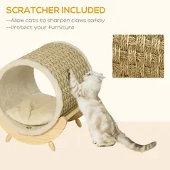 PawHut Raised Cat House, with Scratcher - Beige - 4