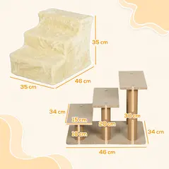 PawHut Three-Step Dog Stairs, with Washable Plush Cover, for High Bed Sofa, Dog Stairs for Small Dog and Cat - Beige - 3