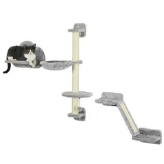 PawHut Three-Piece Wall-Mounted Cat Shelves, with Hammock, Ladder, Platforms, Scratching Post - Grey - 1