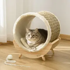 PawHut Raised Cat House, with Scratcher - Beige - 2