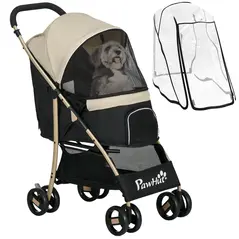 PawHut Pet Stroller for Small and Miniature Dogs, with Rain Cover - Khaki - 1