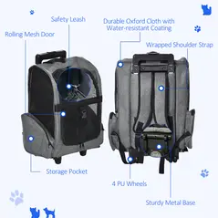 PawHut Pet Travel Backpack Bag Cat Puppy Dog Carrier w/ Trolley and Telescopic Handle Portable Stroller Wheel Luggage Bag (Grey) - 6