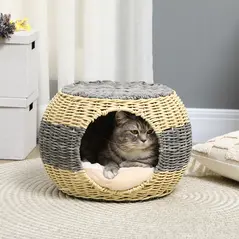 PawHut Wicker Cat House, Rattan Raised Cat Bed, Cosy Kitten Cave with Soft Washable Cushion, Φ40 x 30cm - 2