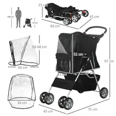 PawHut Pet Travel Stroller with Rain Cover, 4 Wheels Foldable Travel Carriage with Wheels Zipper Entry Cup Holder Storage Basket Black - 3