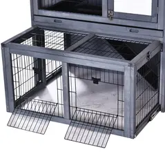 PawHut Rabbits 2-Tier Fur Wood Outdoor Hutch Guinea Pigs Hutches Grey - 9
