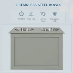 PawHut Raised Dog Bowls, with Storage, Two Stainless Steel Bowls, Elevated Base - Grey - 5