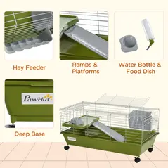 PawHut Small Animal Cage Rabbit Guinea Pigs Chinchillas Cage w/ Wheels Water Bottle Food Dish Platform Ramp 89 x 44 x 43 cm Green - 6