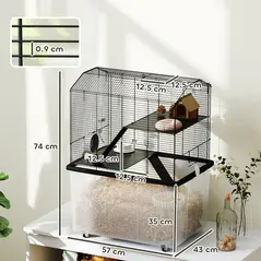 PawHut Three-Tier Gerbil Cage, Hamster Cage for Dwarf Hamster, Syrian Hamster w/ Wheels, Deep Bottom, Food Dish, Water Bottle - 3