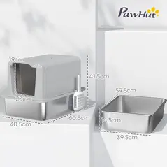 PawHut Stainless Steel Cat Litter Box with Removable Lid, Scoop, Filter Bags, for Larger Cats, Grey - 3