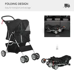 PawHut Pet Travel Stroller with Rain Cover, 4 Wheels Foldable Travel Carriage with Wheels Zipper Entry Cup Holder Storage Basket Black - 5