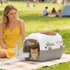 PawHut Plastic Pet Carrier Hard Shell Dog Cat Carrier Max 4 KG Steel Door Feed Bowl Secure Lock 49 x 32 x 31 cm - 2