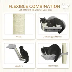 PawHut Three-Piece Wall-Mounted Cat Shelves, with Hammock, Ladder, Platforms, Scratching Post - Grey - 5