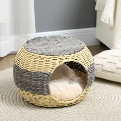 PawHut Wicker Cat House, Rattan Raised Cat Bed, Cosy Kitten Cave with Soft Washable Cushion, Φ40 x 30cm - 7