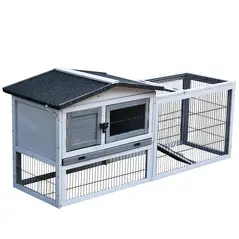 PawHut Small Animal Two-Level Fir Wood Guinea Pigs Hutches w/ Ramp Burnt Grey - 1