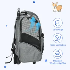 PawHut Pet Travel Backpack Bag Cat Puppy Dog Carrier w/ Trolley and Telescopic Handle Portable Stroller Wheel Luggage Bag (Grey) - 7