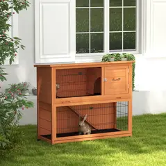 PawHut Two-Tier Antiseptic Wood Rabbit Hutch, 102cm Guinea Pig Hutch with Run - Orange - 2
