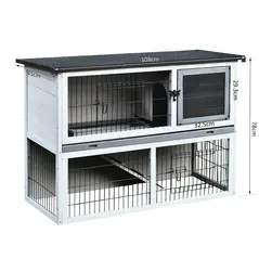 PawHut Small Animal Two-Level Fir Wood Guinea Pigs Hutches Bunny Cage w/ Slide Out Tray Grey - 3