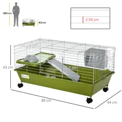 PawHut Small Animal Cage Rabbit Guinea Pigs Chinchillas Cage w/ Wheels Water Bottle Food Dish Platform Ramp 89 x 44 x 43 cm Green - 3