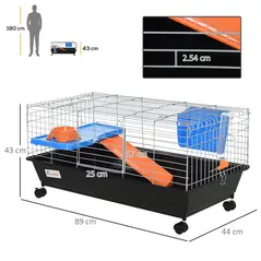 PawHut Small Animal Cage Rabbit Guinea Pigs Chinchillas Cage w/ Wheels Water Bottle Food Dish Platform Ramp 89 x 44 x 43 cm Black - 3
