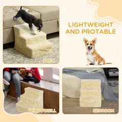PawHut Three-Step Dog Stairs, with Washable Plush Cover, for High Bed Sofa, Dog Stairs for Small Dog and Cat - Beige - 7