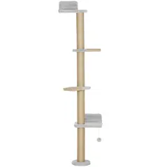 PawHut Wall Mounted Cat Shelves, Cat Climbing Wall with 4 Climbing Platforms, Jute Scratching Post and Toy Ball,180cm Tall, Light Grey - 1